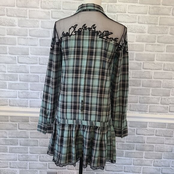 Guess Blue Plaid Drop Waist Dress Oversized Sheer Shoulder Western Grunge XS - Picture 4 of 8